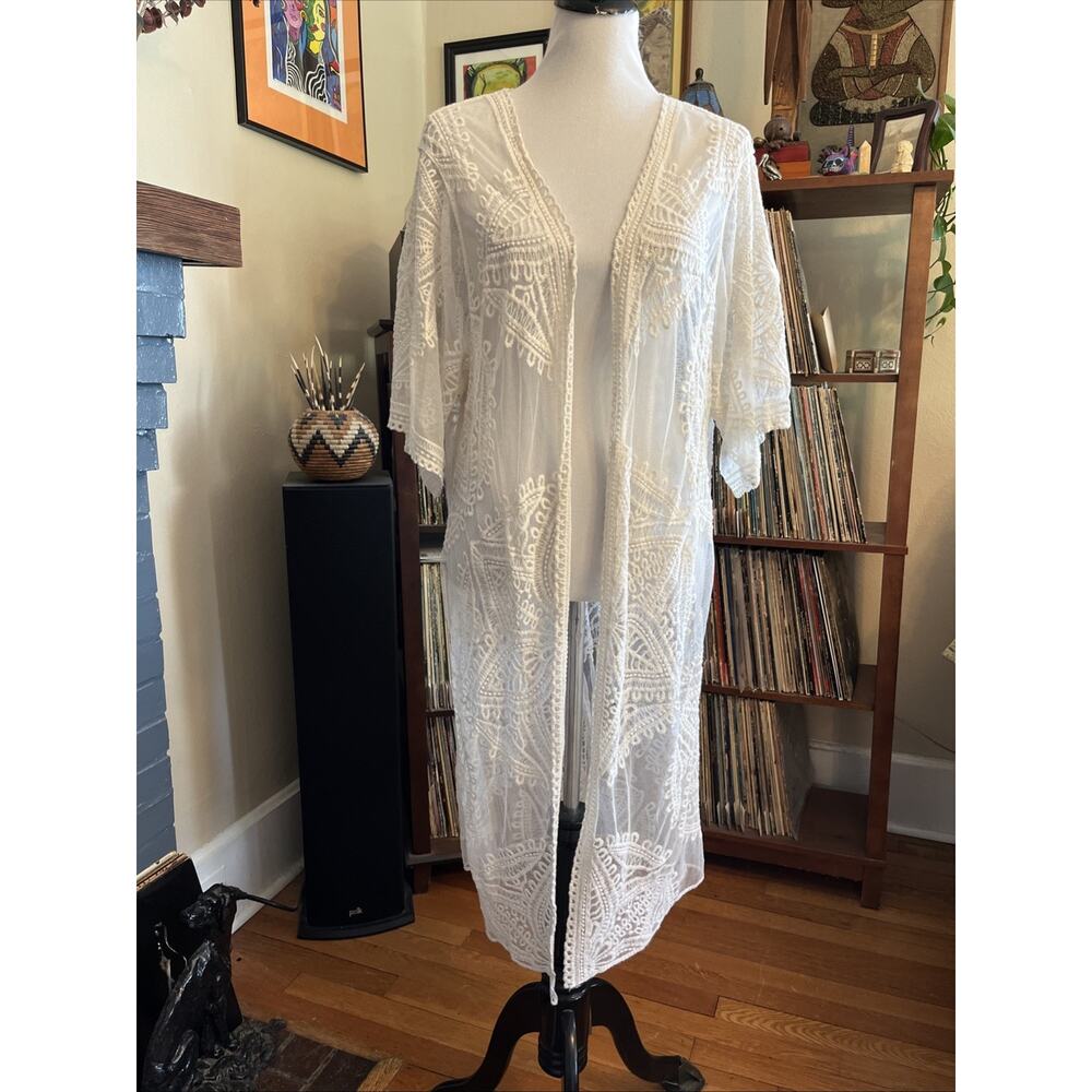 Ivory Lace Sheer Kimono Boho Chic Festival Cardigan Beach Duster OS Hippie